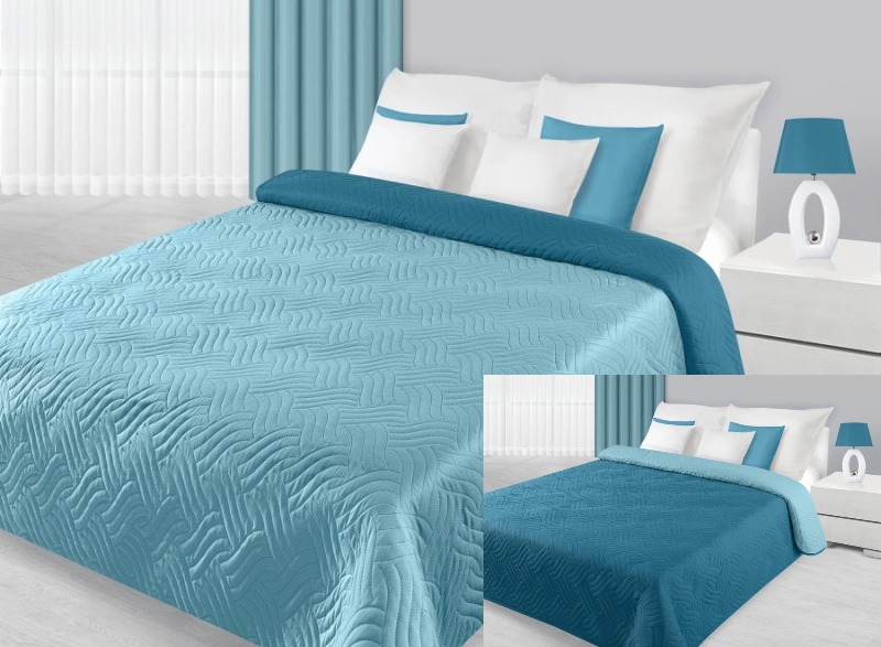 Turkusowo niebieska narzuta na łóżko