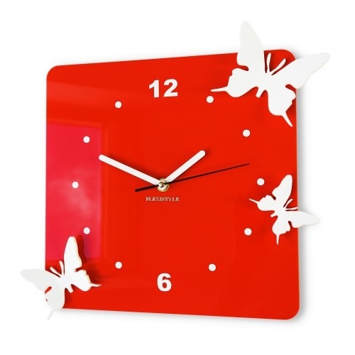 Czerwony zegar na ścianę 3D z motylami