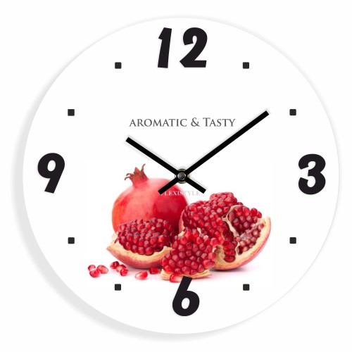Biały zegar kuchenny z owocem granatu