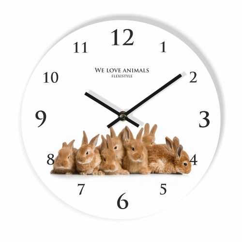 Okrągły biały zegar na ścianę z króliczkami