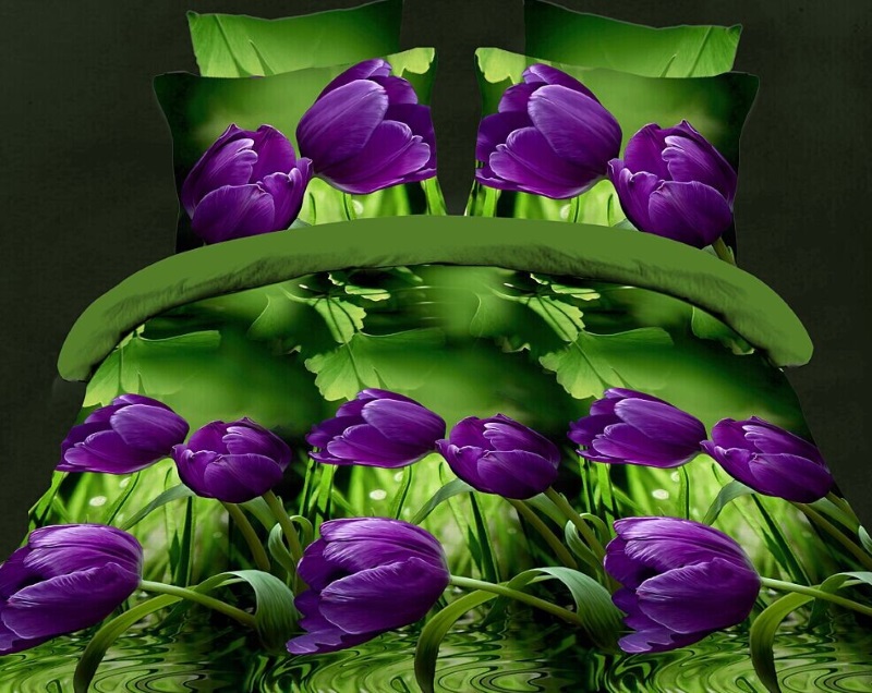 Modne pościele z satyny bawełnianej zielone w tulipany