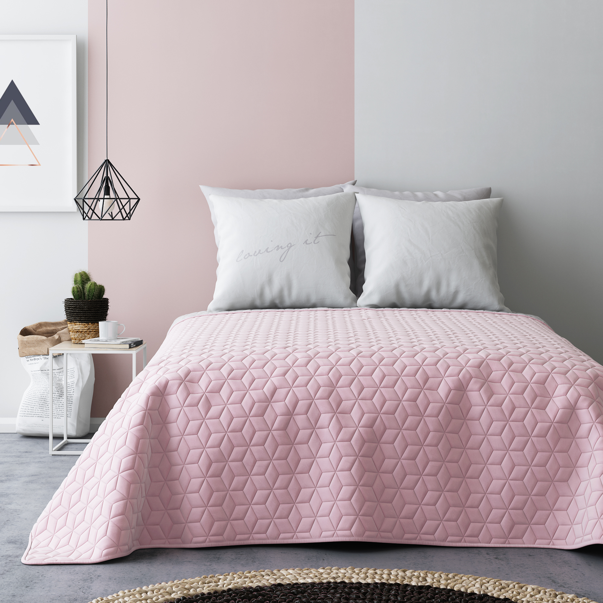 Różowo szara narzuta francuska na łóżko do sypialni 170 x 210 cm