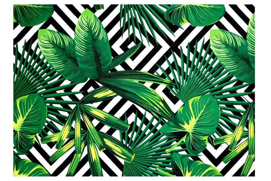 Dywan w biało czarne kwadraty oraz zielone liście w dżungli