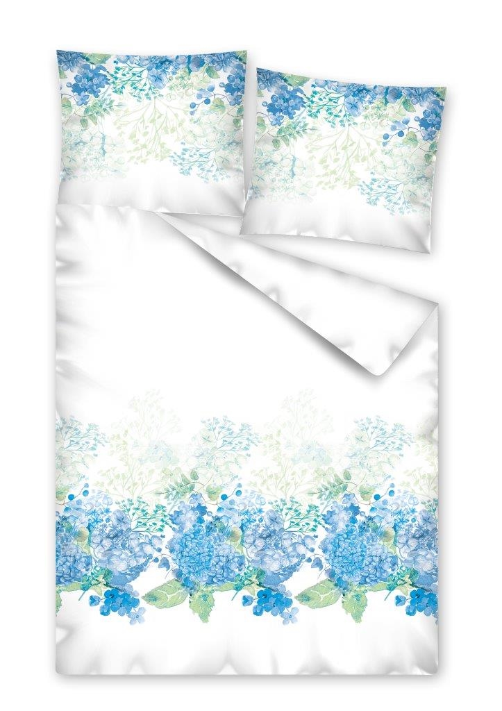 Modna pościel biała z satyny bawełnianej w niebieskie drobne kwiaty