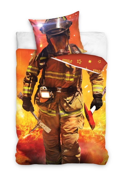 Stylowa pomarańczowa pościel młodzieżowa na łóżko ze strażakiem 140x200