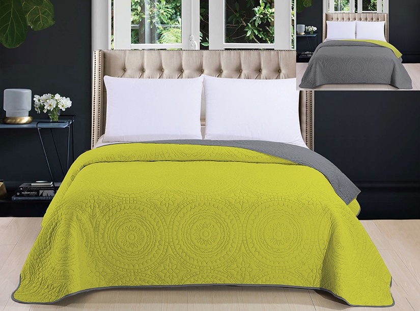 Dekoracyjna zielono szara narzuta pikowana na łóżko do sypialni 200x220