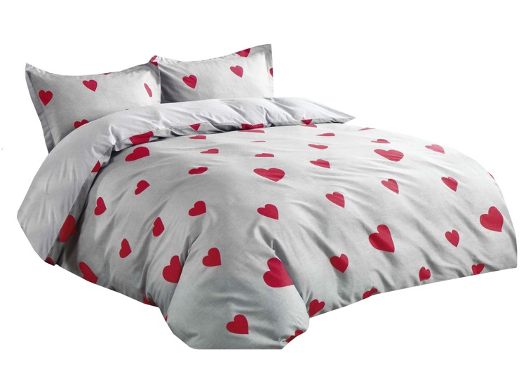 Szara dekoracyjna pościel na łóżko do sypialni w czerwone serduszka 160x200