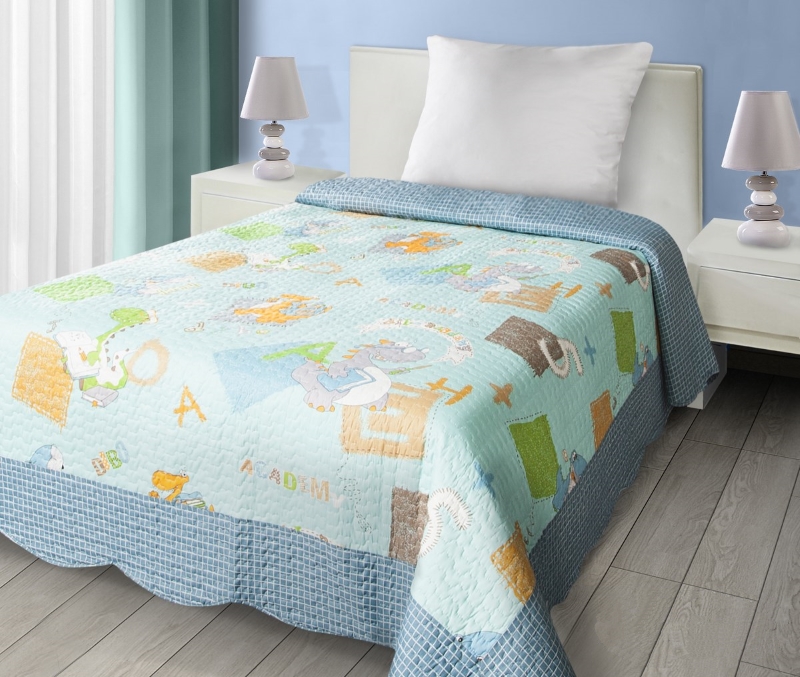 Dwustronna dziecięca narzuta na łóżko w kolorze niebieskim ze smokiem