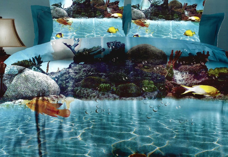 Niebieska klasyczna pościel 3D z oceanem i pływającymi rybami