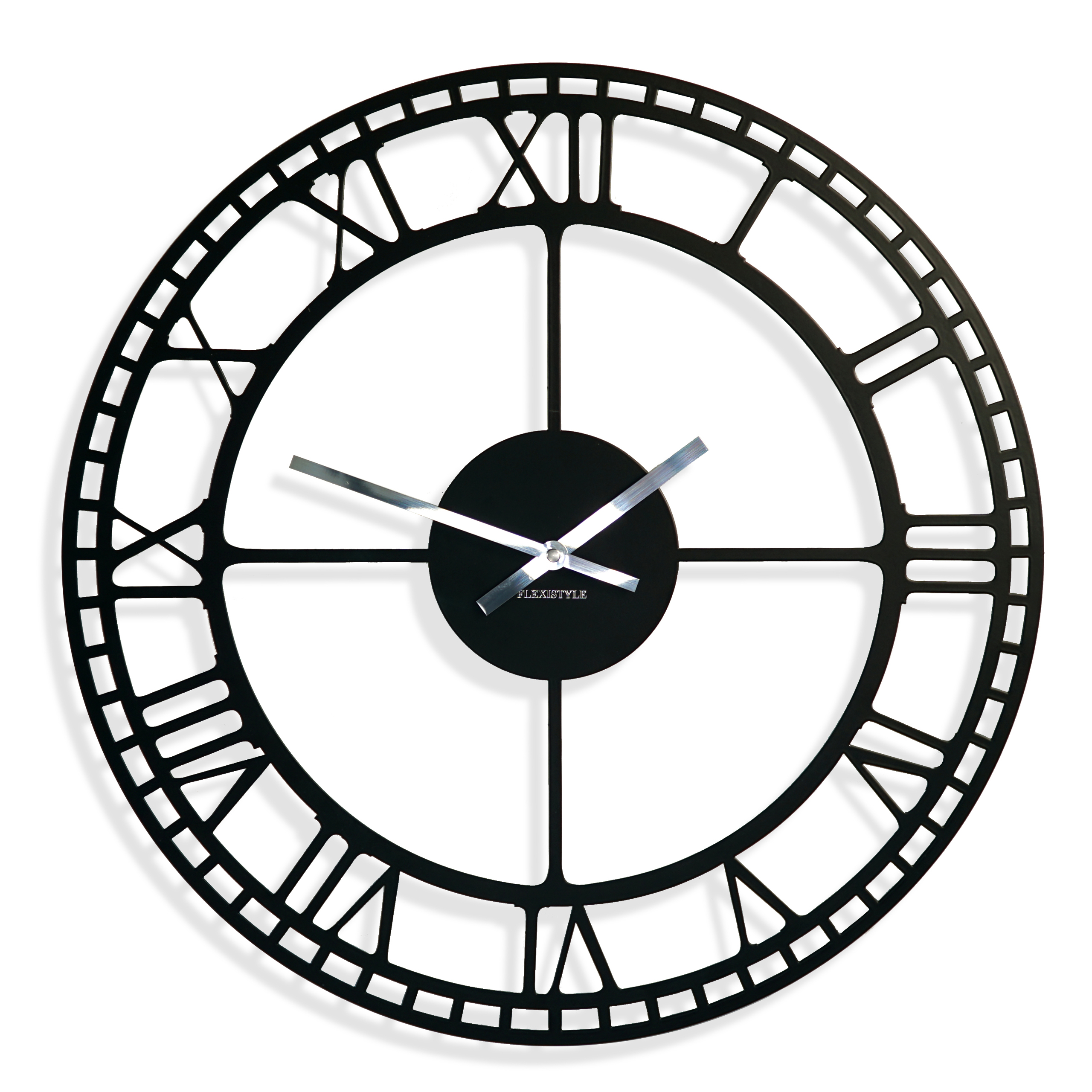 Duży czarny metalowy zegar ścienny rzymskie cyfry