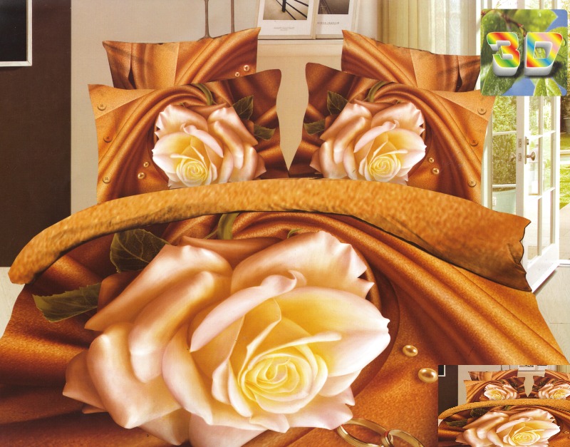 Pościele z bawełny na łóżko do sypialni w kolorze miodowym z kremową różą