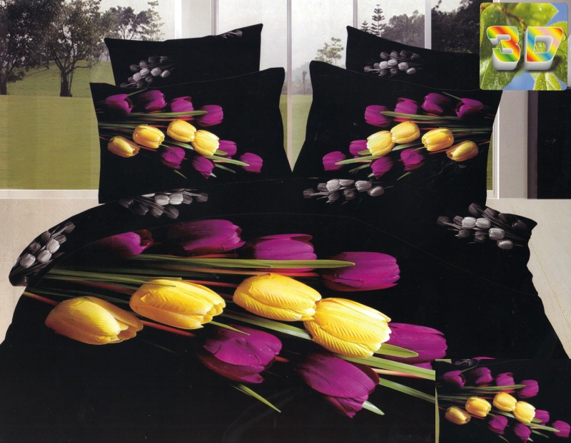 Elegancka czarna pościel bawełniana w róźowo czarne tulipany 