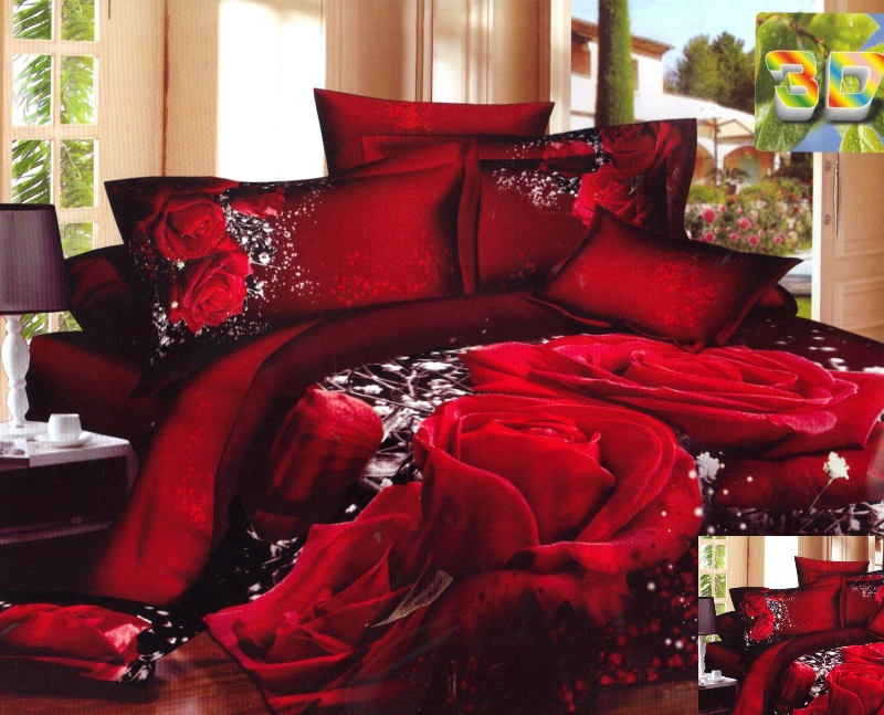 3D pościel bordowa na łóżko w czerwone róże