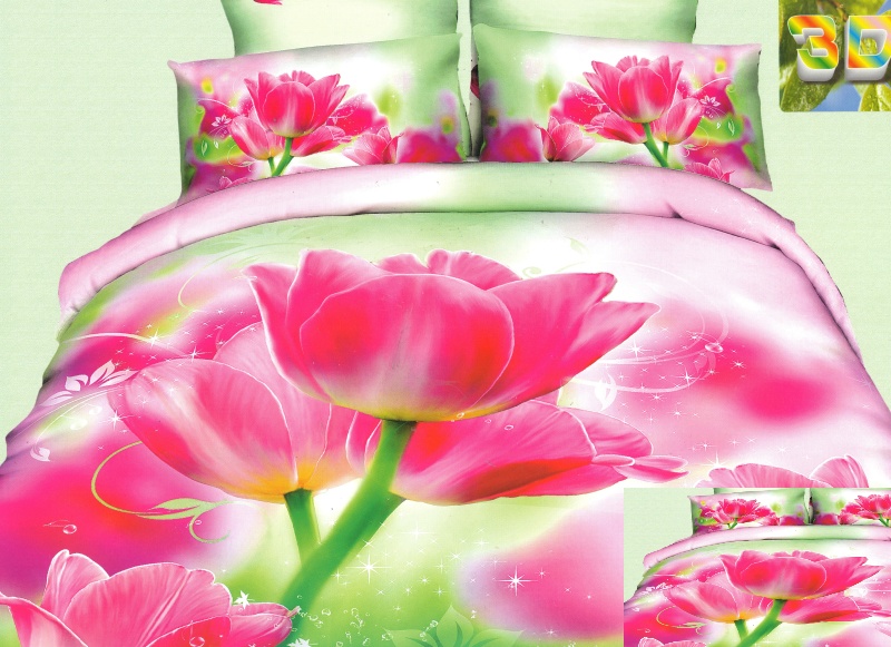 Elegancka zielona pościel z bawełny w różowe tulipany
