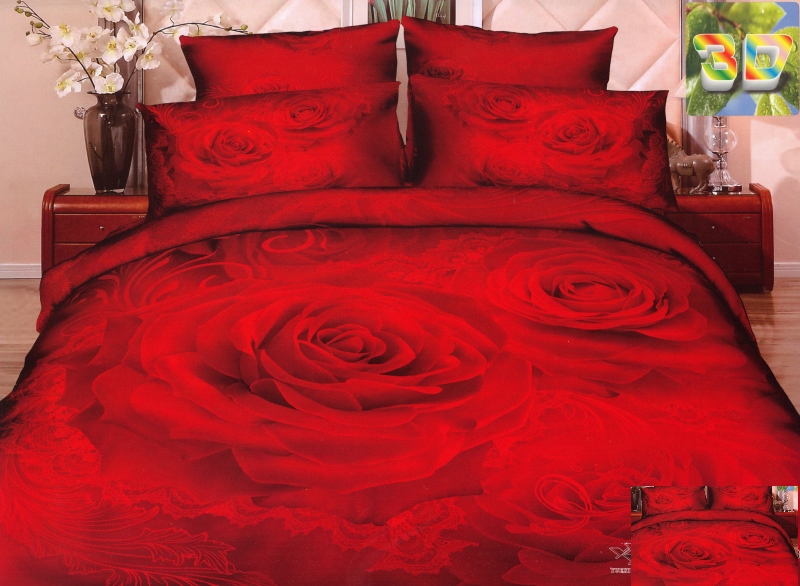 Pościel z bawełny w kolorze czerwonym z czerwoną różą