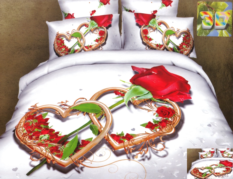 Pościele białe na łóżko z różą i dwoma serduszkami