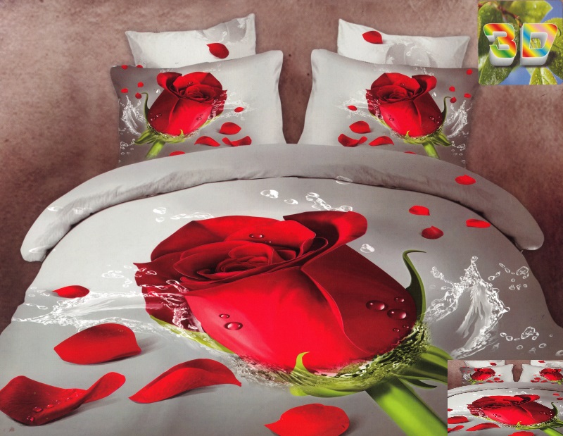 3D pościel szara na łóżko z czerwoną różą