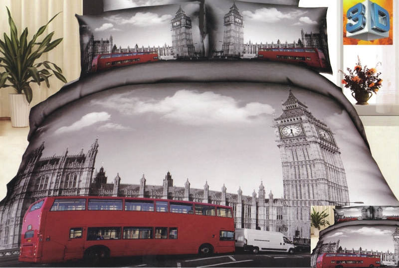 Modne pościele w kolorze szarym z motywem miasta Londyn i czerwonym autobusem