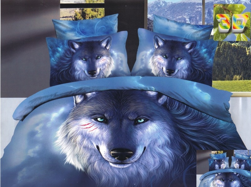 Pościel satyna bawełniana na łóżko niebieska z wilkiem
