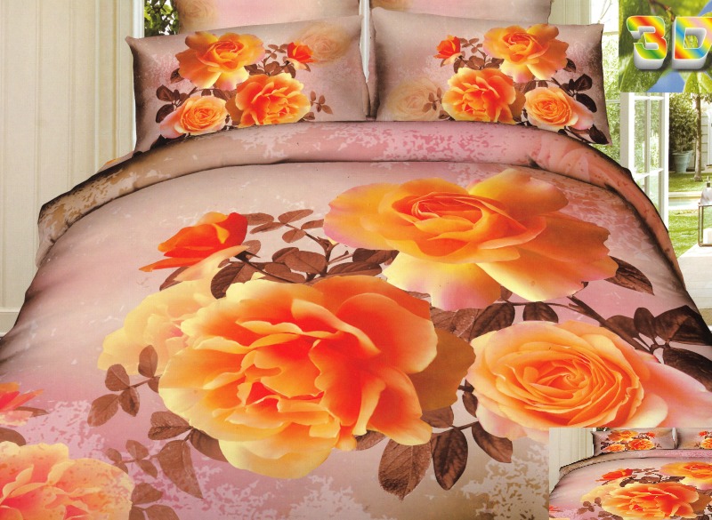 Pościel satyna bawełniana na łóżko w kolorze pudrowym w pomarańczowe róże