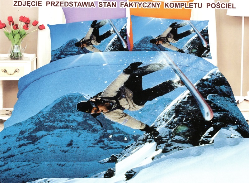 Niebieska pościel z mikrowłókna z motywem gór śniegu ze snowboarddzistą