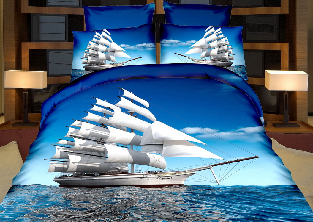 3D pościel niebieska z łodzią