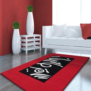 Czerwony dywan do salony w białe wzory